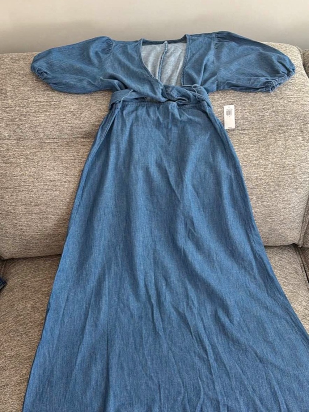 Old Navy Denim-Effect Blue Maxi Wrap Dress with Puff Sleeves